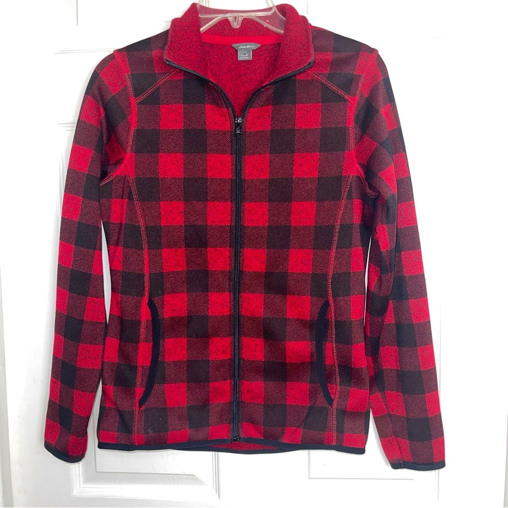 Eddie Bauer Red Black Buffalo Plaid Fleece Lined Lightweight Jacket S Like New